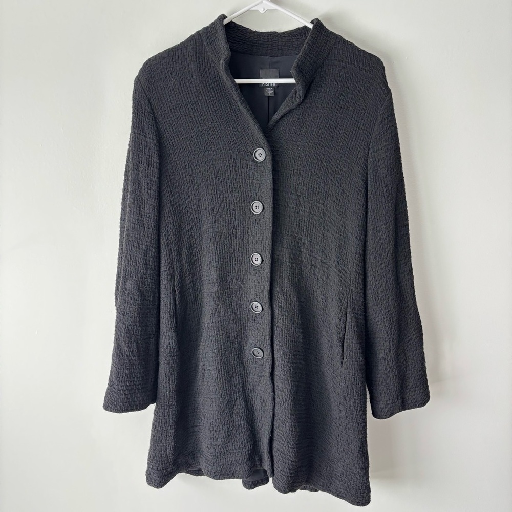 Eileen Fisher Black Waffle Knit Woven Button From Mid Length Pea Coat